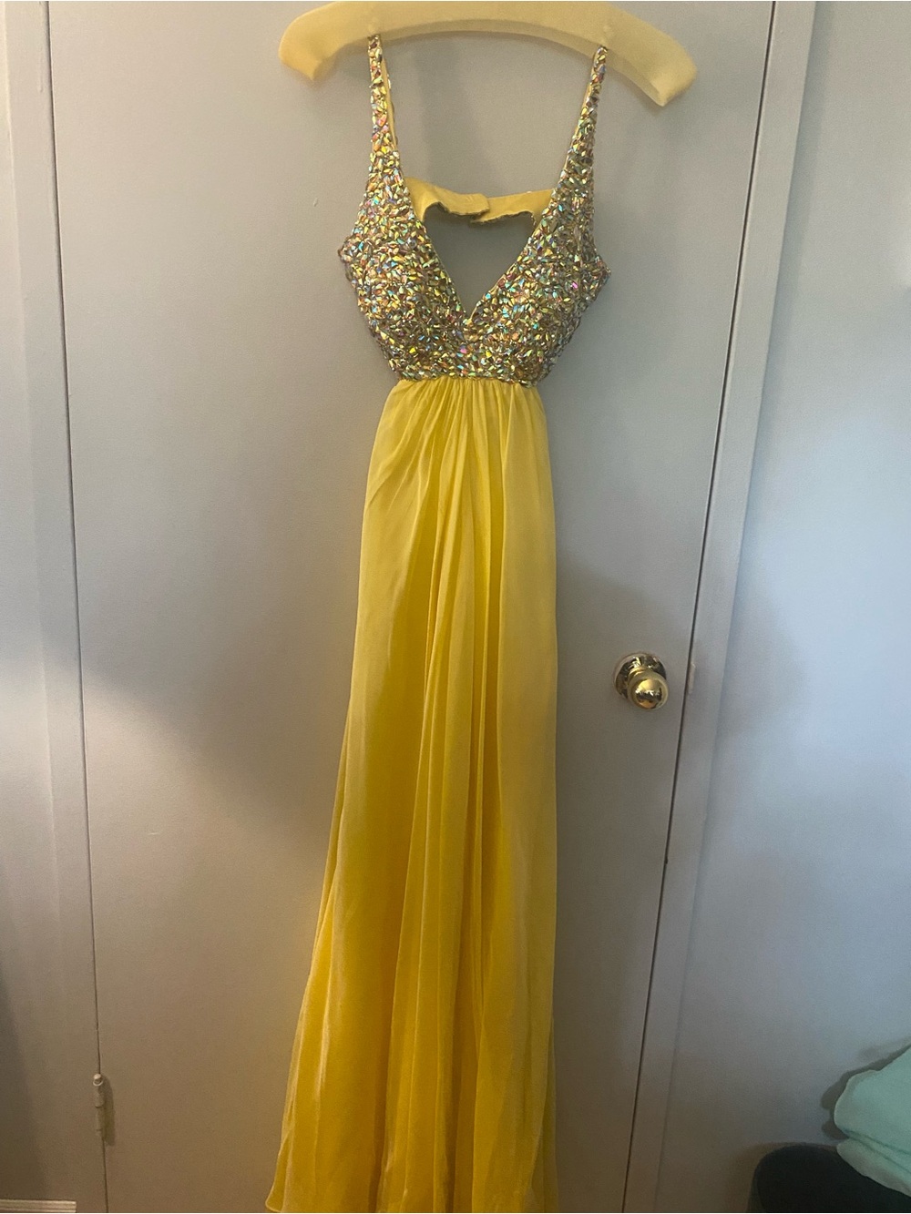 La Femme Yellow Sequin Bodice Prom Gown